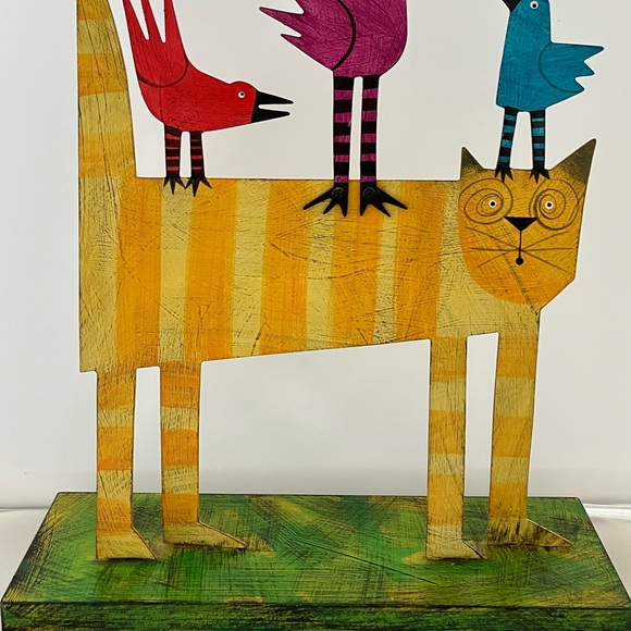 ACME Animal Canada Cat With 3 Birds, one Taper Candle Holder Handcrafted Signed - Picture 5 of 17